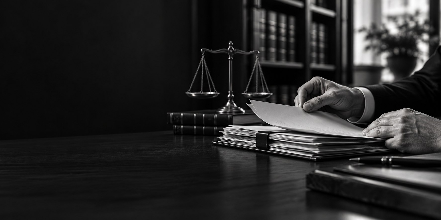 Balanza de justicia, libros y revisión de documentos jurídicos en blanco y negro.